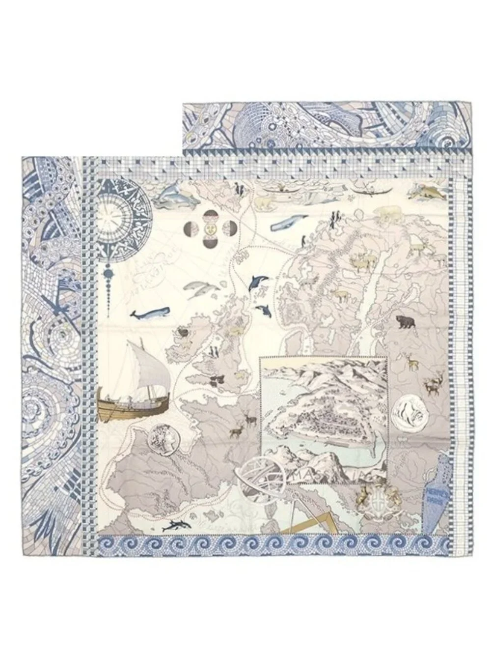Hermes Scarf Carre 90 Silk Blue Multicolor le Voyage
